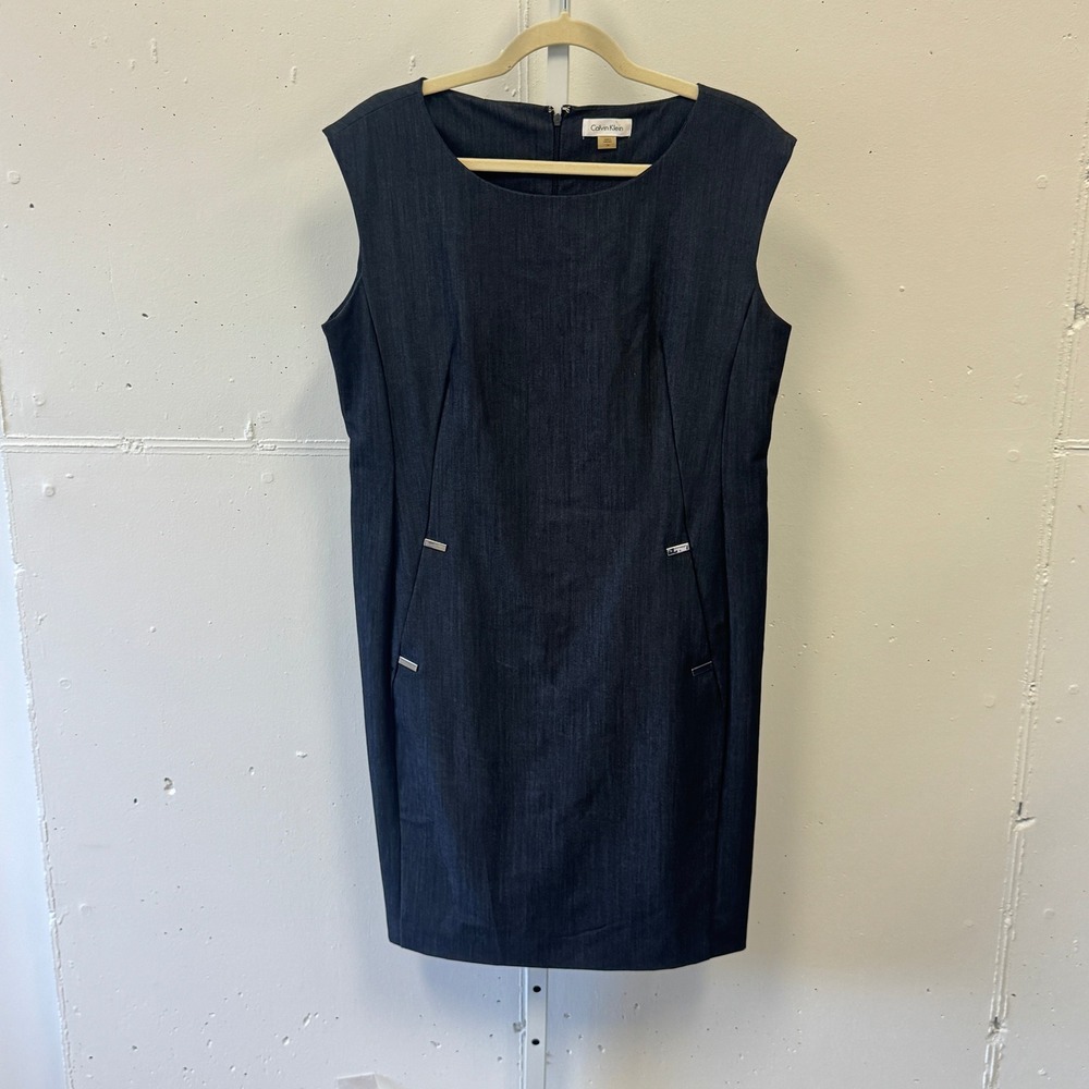 Calvin Klein Indigo Denim Look Sheath Dress Blue Size 14 Pocket‎ CD8B17Y1 Office